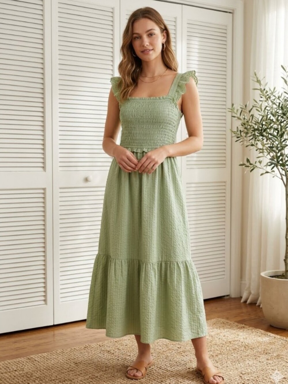 Ces Femme Light Green Smocked Maxi Dress